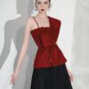 Red Asymmetric Draped Top & Black Pleated Midi Skirt Set “Crimson Dusk” CD512