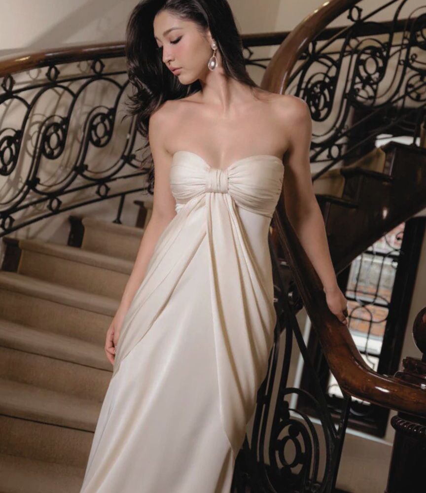 Champagne Satin Strapless Gown "Moonlight Drift" DR852