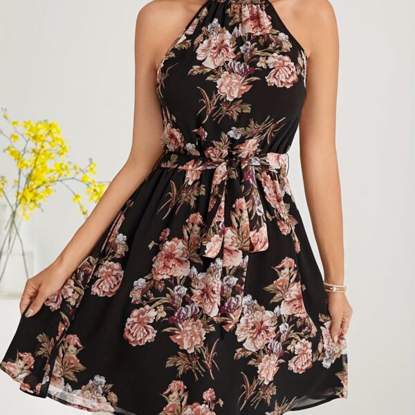 Women’s Floral Halter A-Line Dress – Black with Pink Red Purple Flowers, Semi-Sheer, Machine Washable, Summer Vacation Style